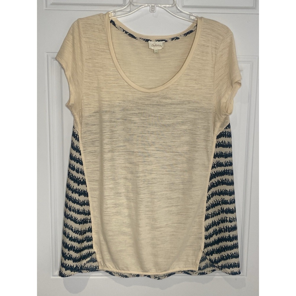 Anthropology Deletta Women's Large Ivory w/ Blue Top Blouse Cap Sleeve
